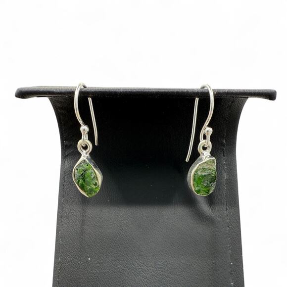 Raw Chrome Diopside Dangle Earrings 925 Sterling Silver Green Handmade - Picture 2 of 6